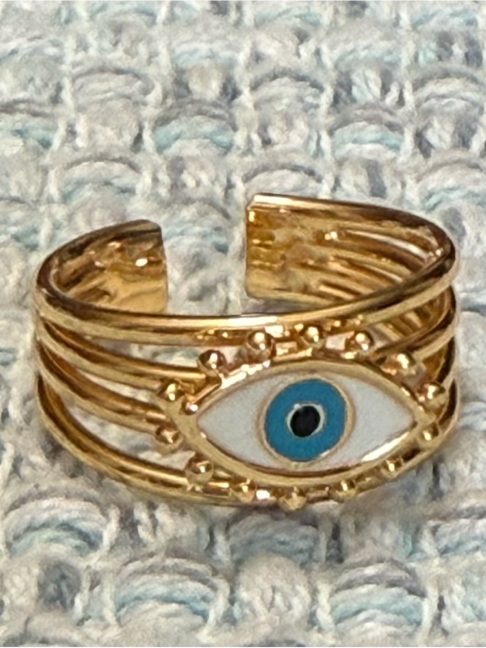 Gold Evil Eye Adjustable Ring with Blue Enamel Accent